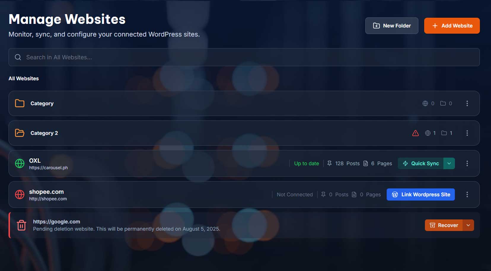 SEO BEAST - Websites Management interface